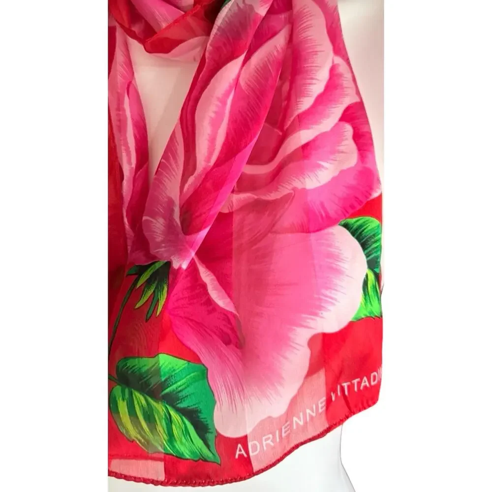 Vintage Adrienne Vittadini Silk Chiffon Scarf 1990s Rink Red Rose Floral 10x52